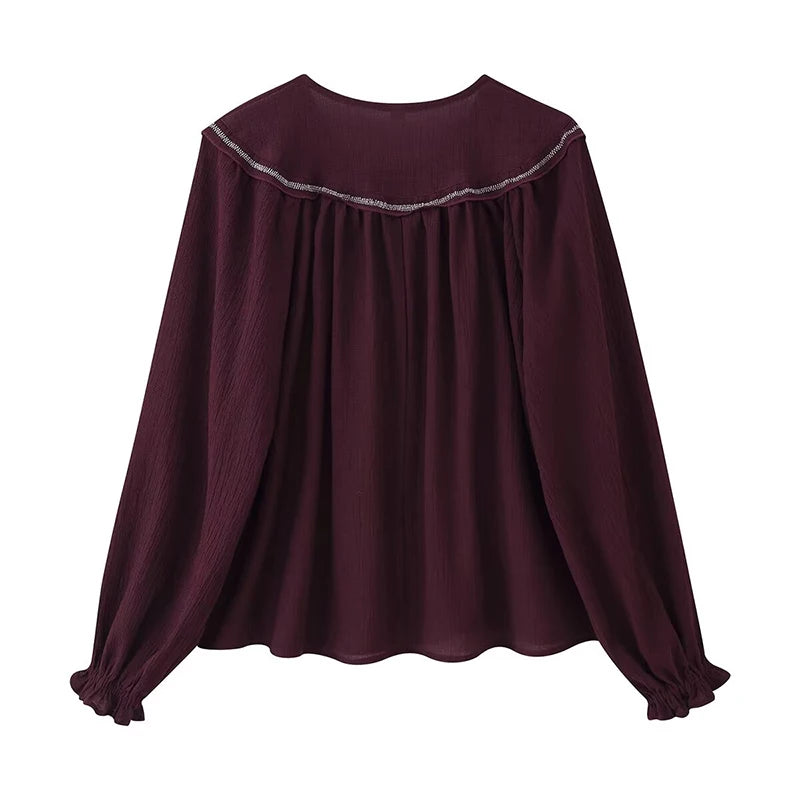 Beaded Embroidered Shirt Lace Up Blouses