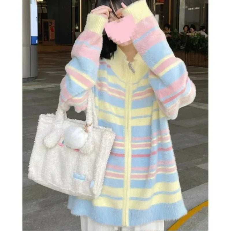 Suéter de cremallera a rayas estilo "Soft Girl"