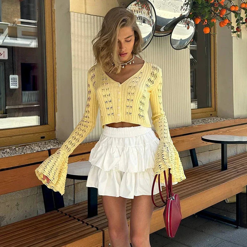 Hollow Knitted Women's Solid Color Long Sleeve Cardigan
