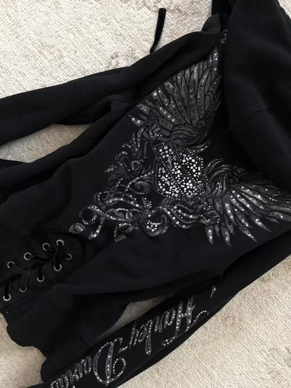 Gothic Drawstring Black Zipper Hoodie