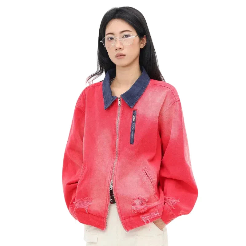 Turn-down Collar Washed Ripped Denim Jacket