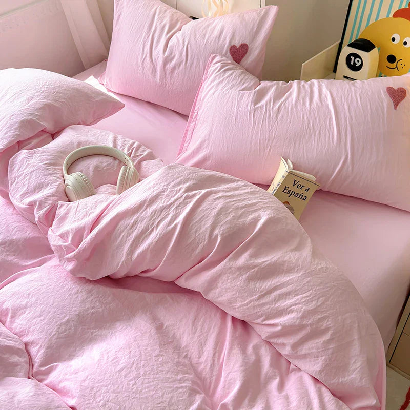 Korean Solid Color Heart Bedding Set