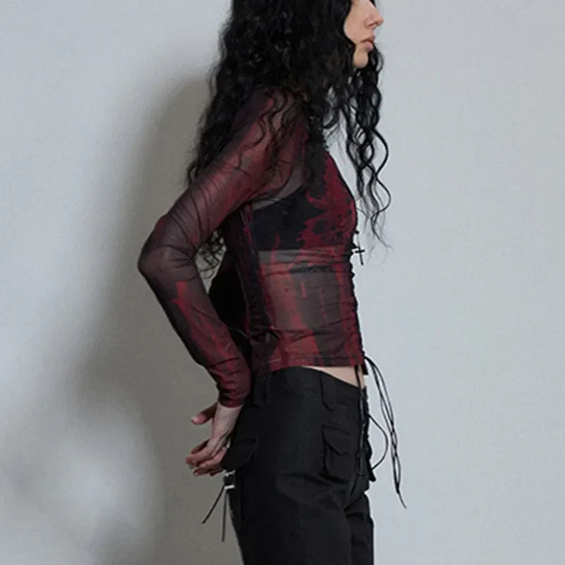 Grunge Aesthetics Tattoo Print Mesh Top