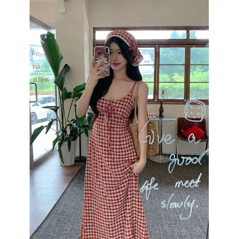 Red Plaid Maid Maxi Dress
