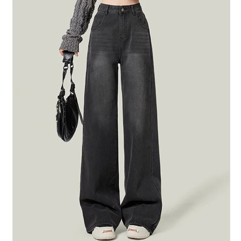 Retro Black Women's High Waist Wide Leg Jeans