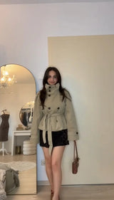 Belted Double Breasted Stand Collar Trench Coat