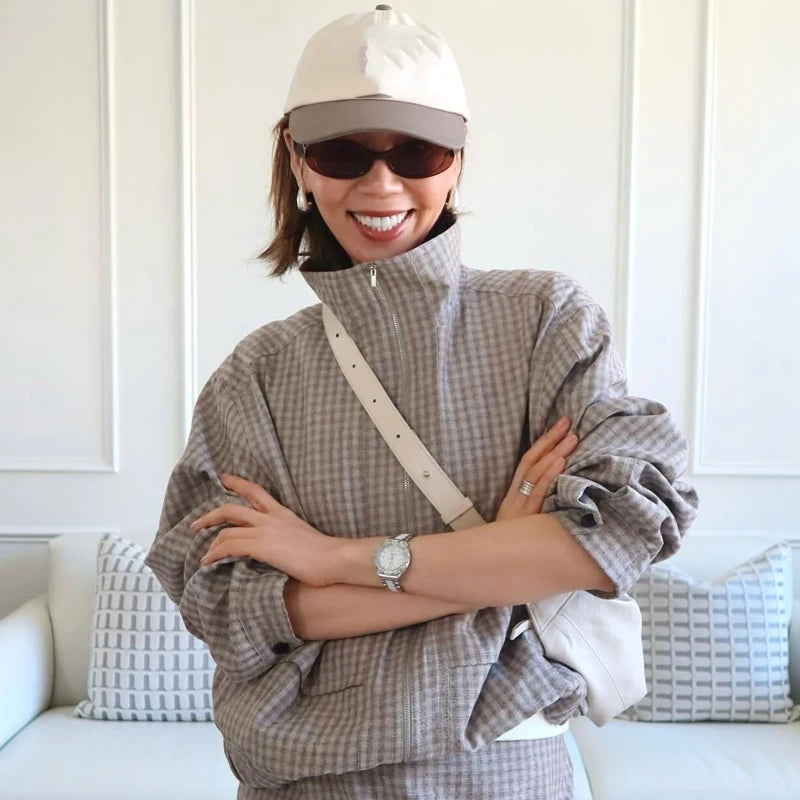 Plaid Zip-up High Collar Windbreaker Jacket