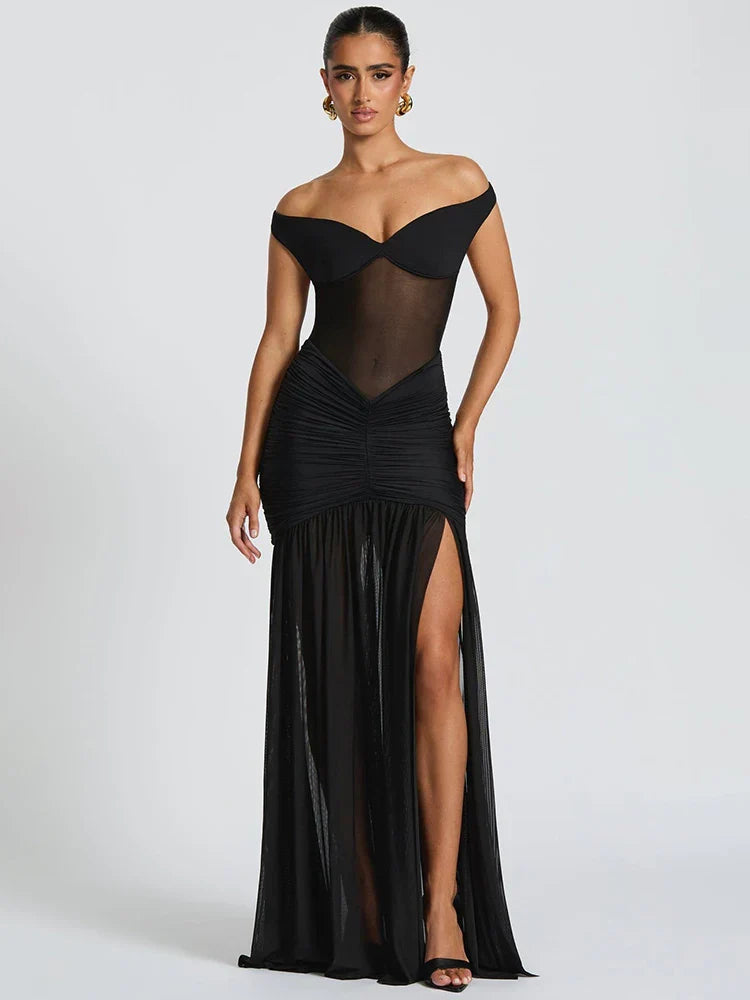 Elegantes gerafftes Maxi-Kleid aus Mesh