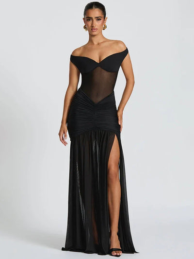 Elegant Mesh Ruched Maxi Dress
