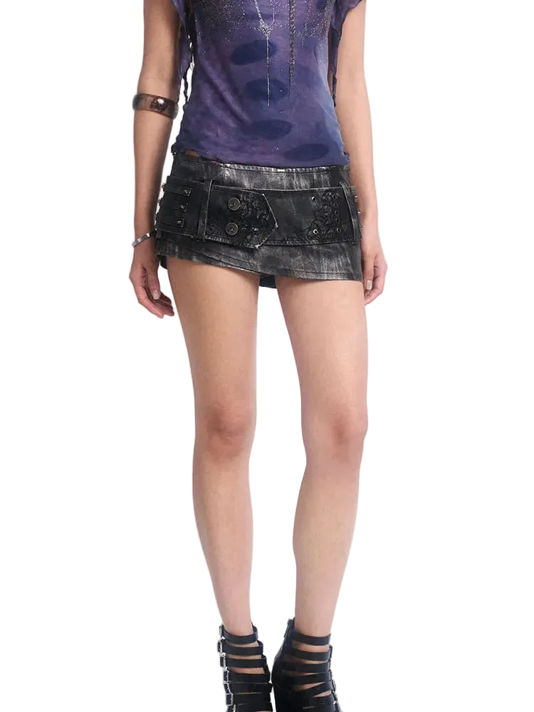 Distressed Leather Mini Skirt with Embroidered Belt