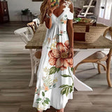 Women's Flower Print Boho White Maxi Dress
