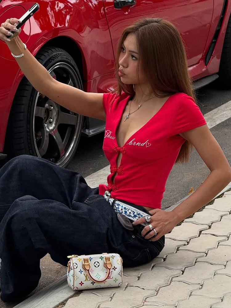 Baddie Core Red Frog Button Top