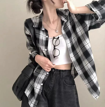 Camisa de cuadros estilo coreano Soft Girl para mujer, de verano