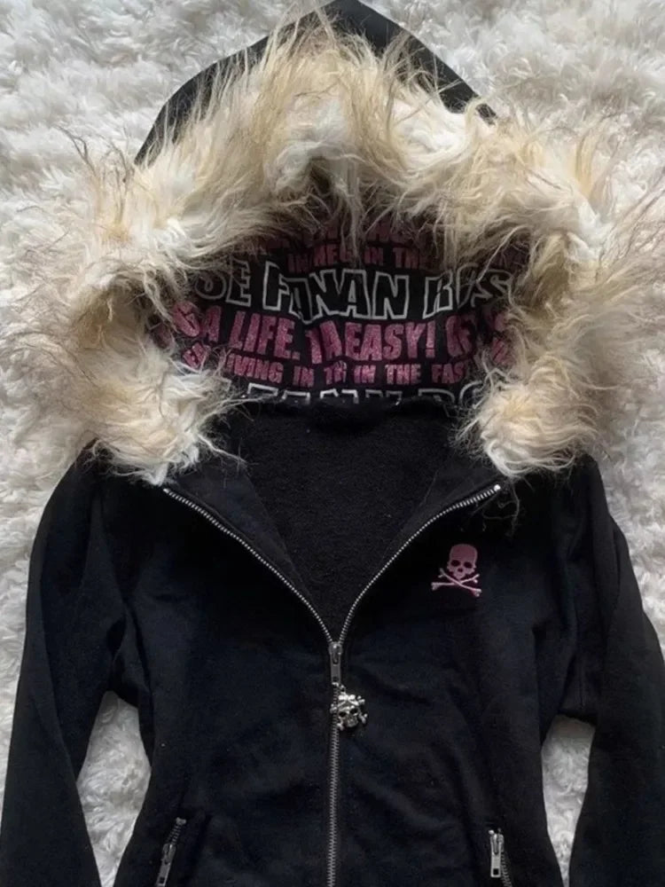 Gothic Punk Skull Fur Hoodie