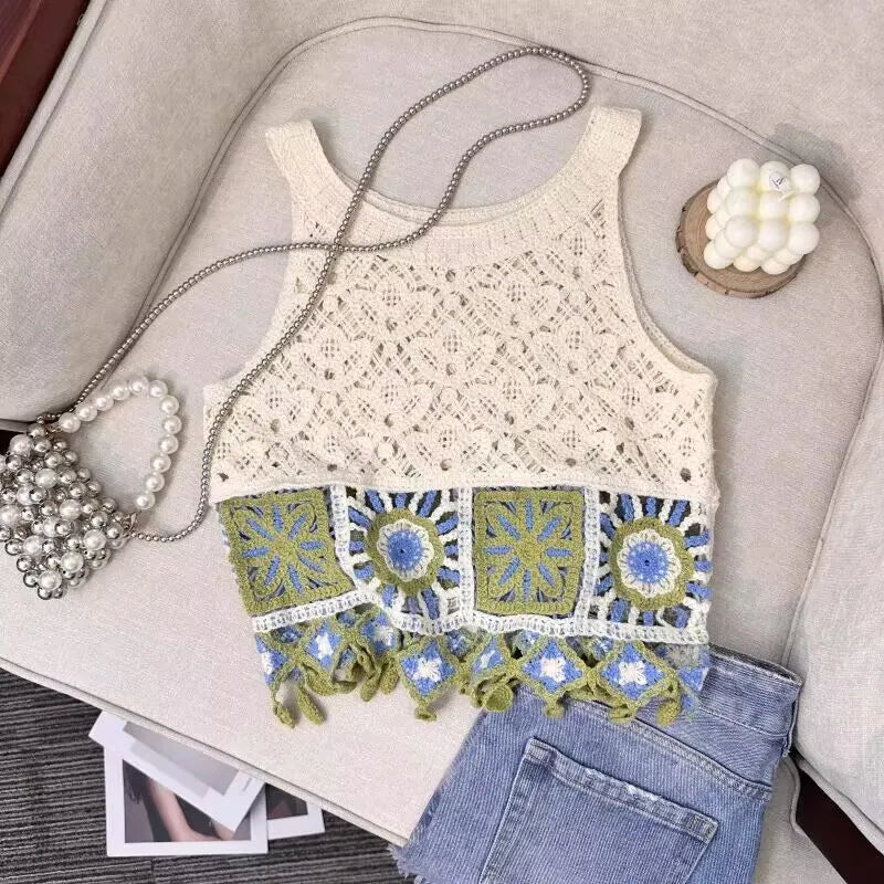 Vintage Knitted Retro Crochet Women Cropped Tank Tops