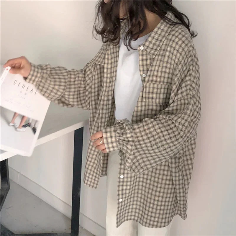 Soft Girl Plaid Button-Up Shirt