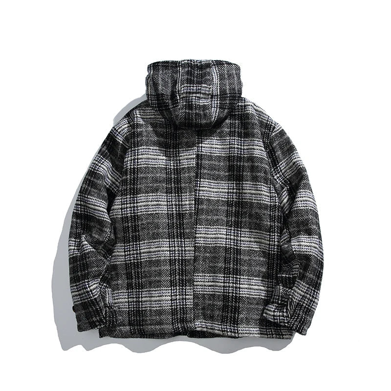Retro Karierte Woll-Steppjacke mit Kapuze