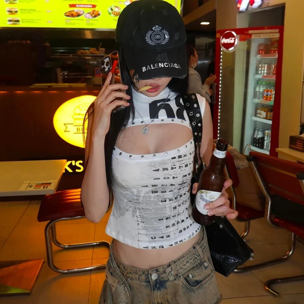 Y2K Printed Cut Out Crop Top