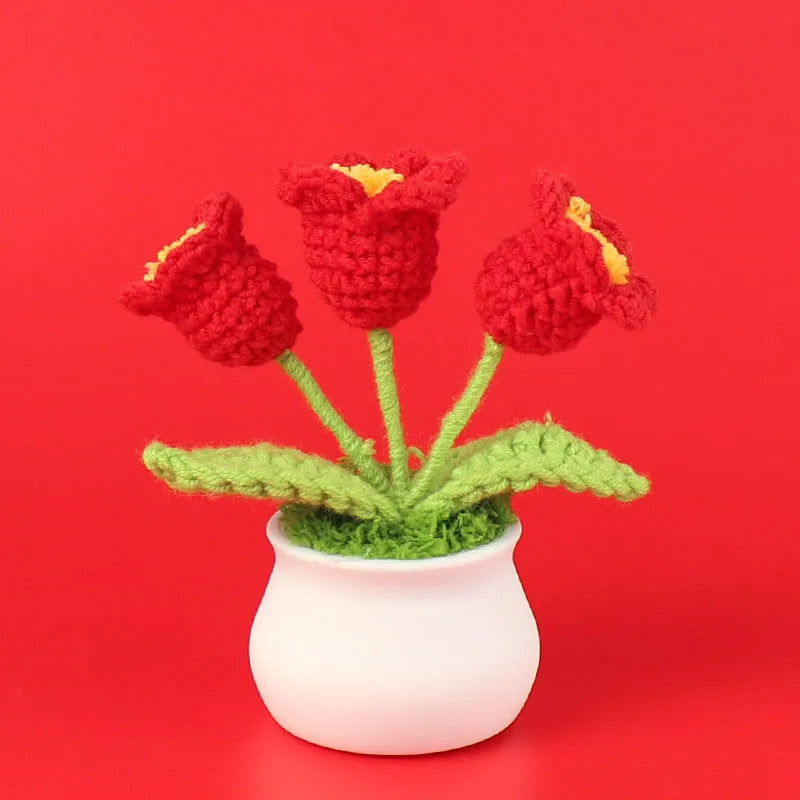 Vintage Handmade Potted Knitted Flowers