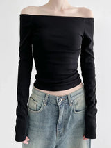 Elegantes koreanisches schwarzes Langarm-T-Shirt