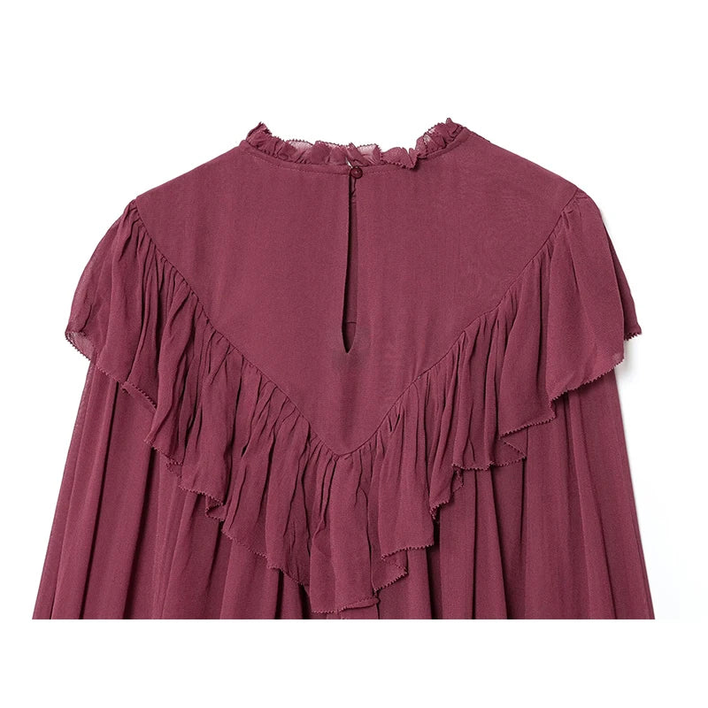 Women Wine Red Ruffle Chiffon Blouse