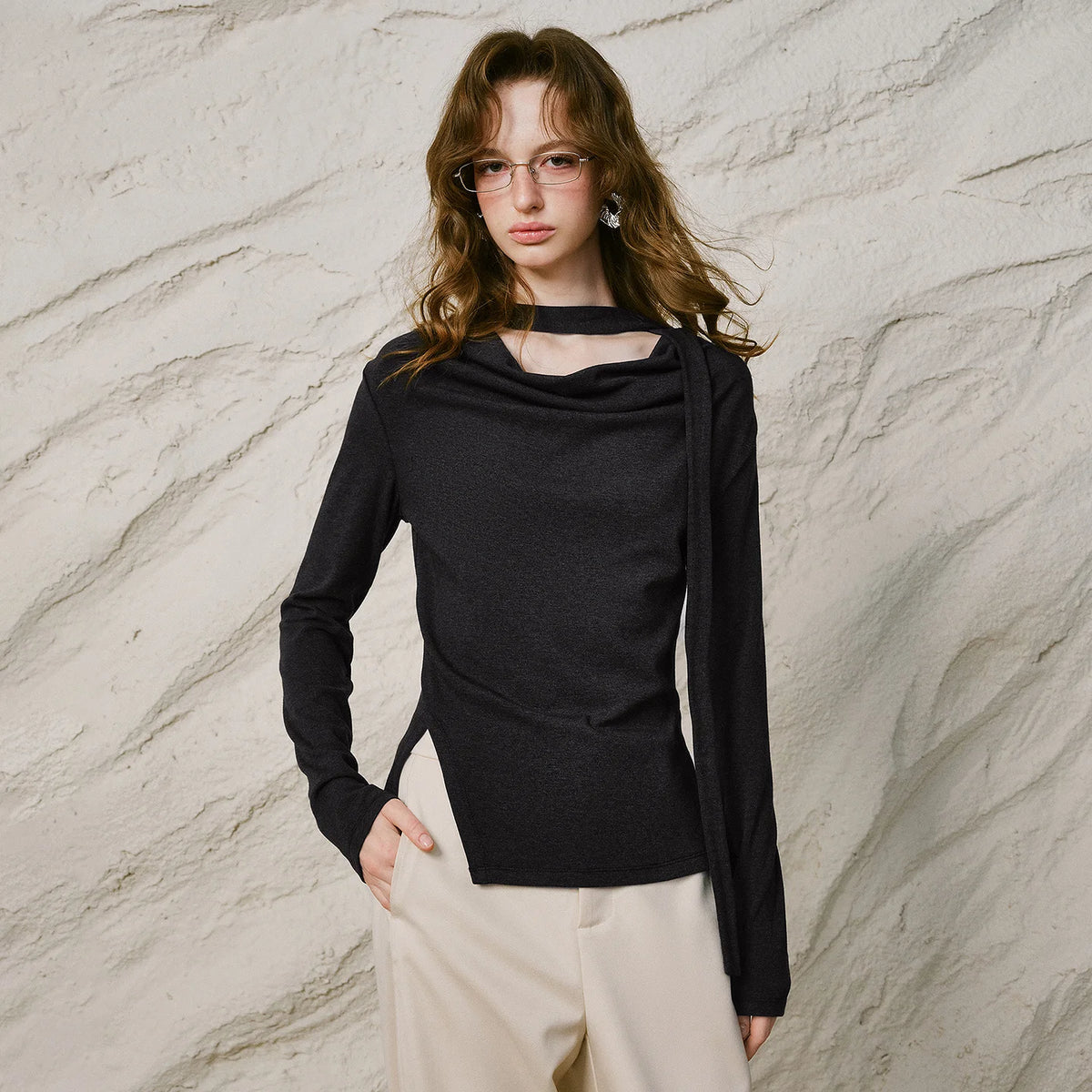 Ribbon Cowl Neck Top