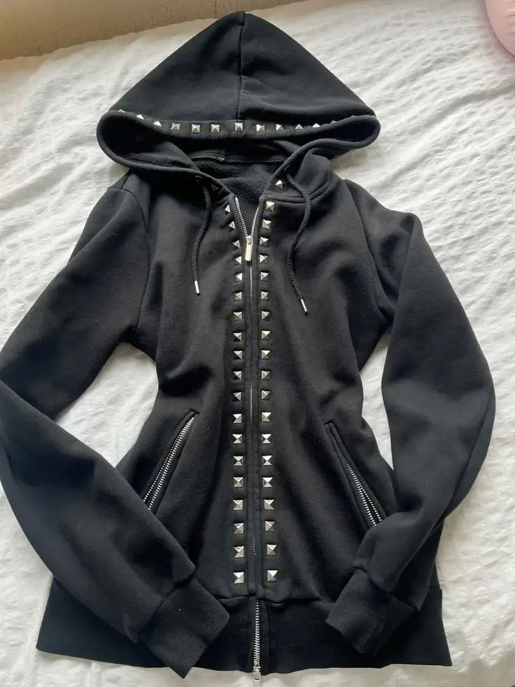 Gothic Drawstring Black Zipper Hoodie