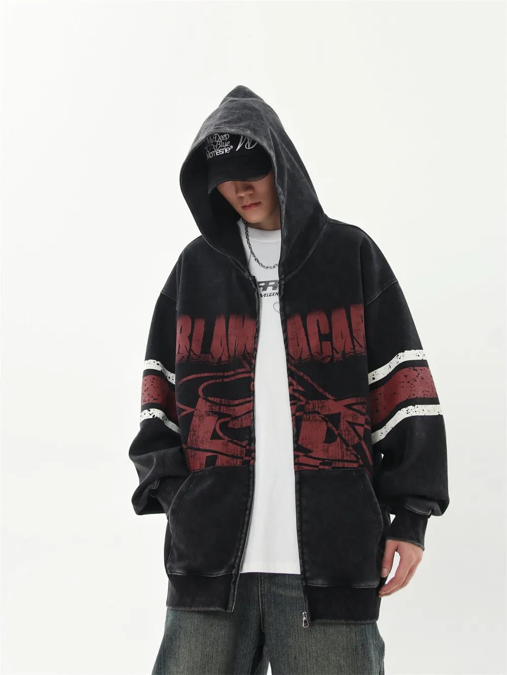Retro Distressed Print Hooded Sweatshirt