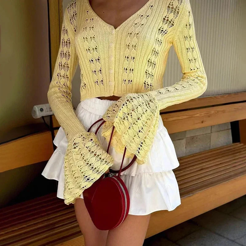 Hollow Knitted Women's Solid Color Long Sleeve Cardigan