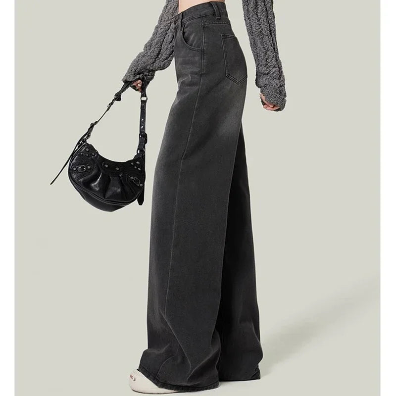 Retro Black Women's High Waist Wide Leg Jeans