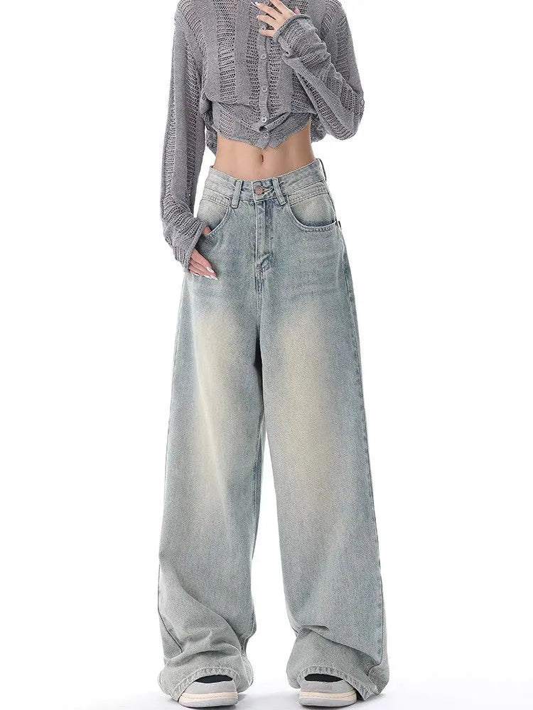 Y2K Off-White Color Distressed Wide Leg Jeans