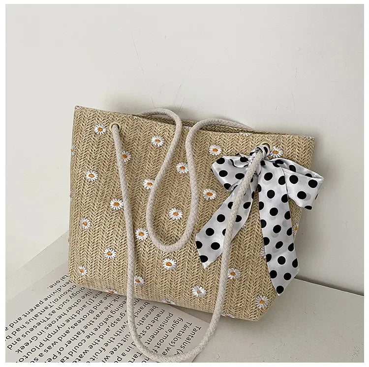 Bow-Tie Embroidery Daisy Shoulder Bag