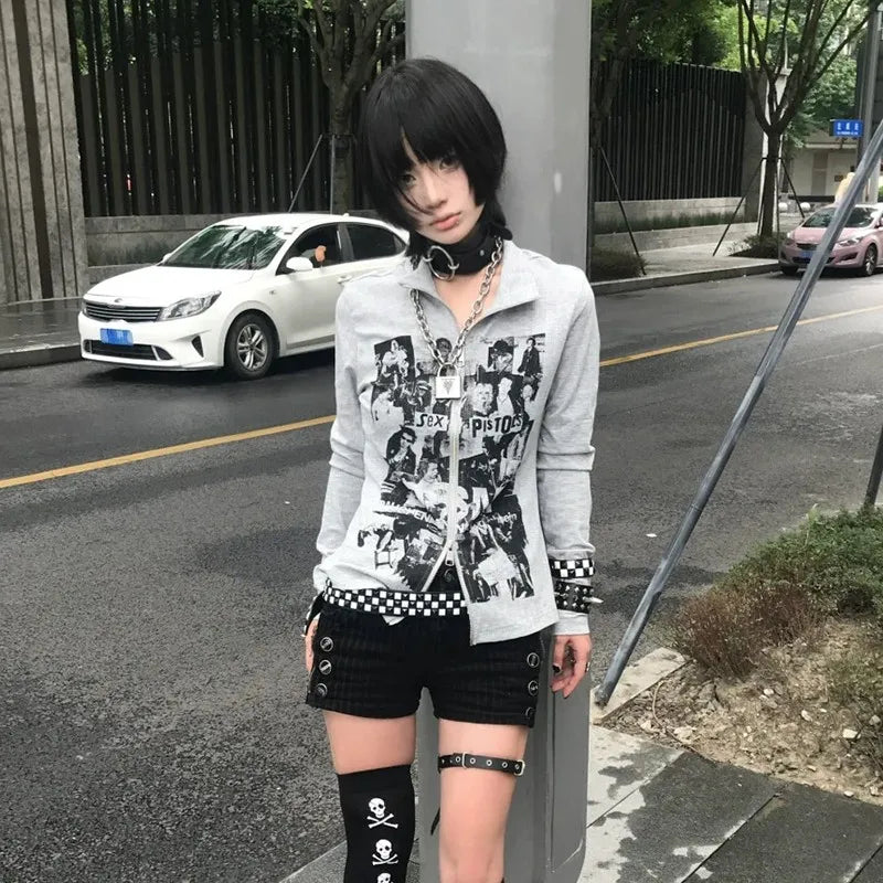 Grunge Graffiti Print Zipper Shirt