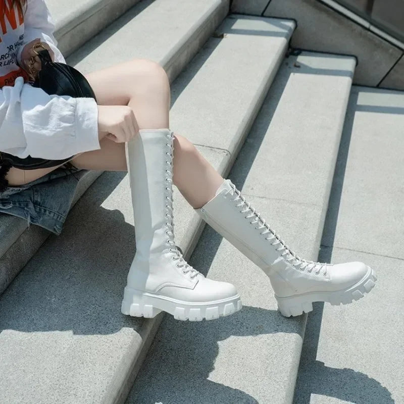 Faux Leather Knee High Lace Up Boots