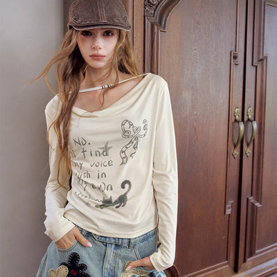 Cat Print Long Sleeve Fall T-shirt