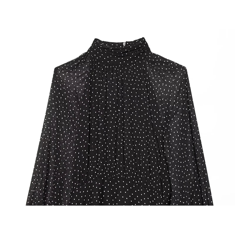 French Style Polka Dot High Neck Pleated Chiffon Dress