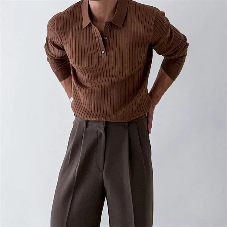 Brown ribbed sweater and pants on a plain background
