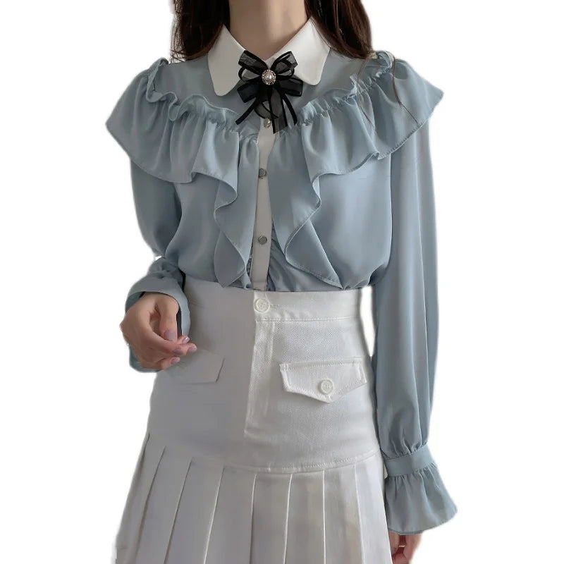 Sweet Bow Ruffle Patchwork Blouse