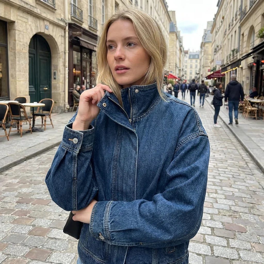 High Collar Vintage Blue Women's Denim Jacket