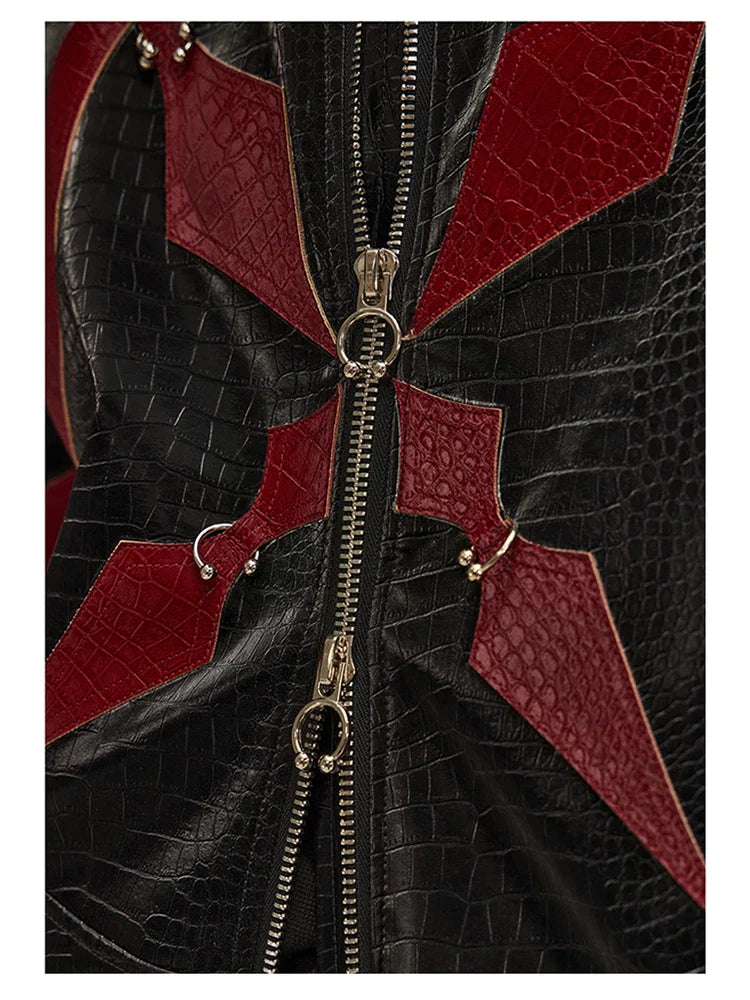 Acubi Cross Print Patchwork Leather Jacket