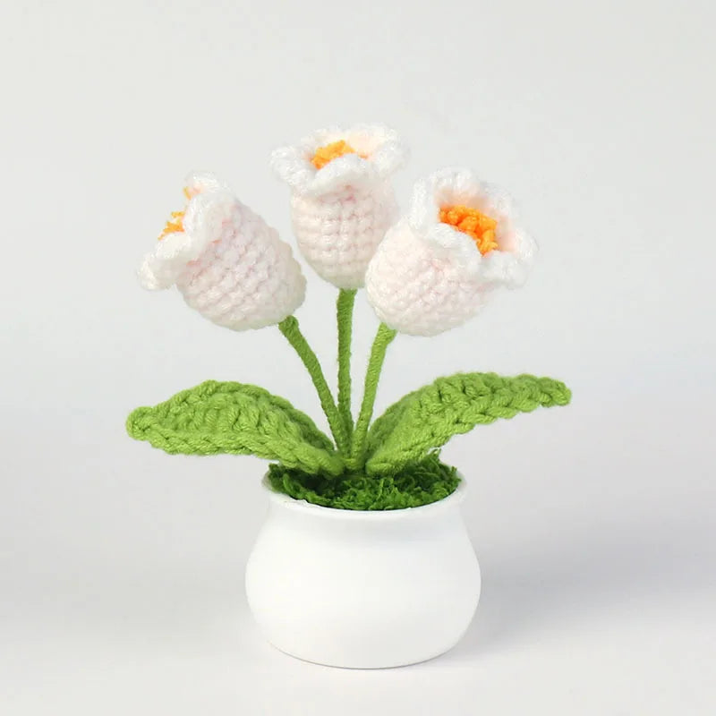 Vintage Handmade Potted Knitted Flowers