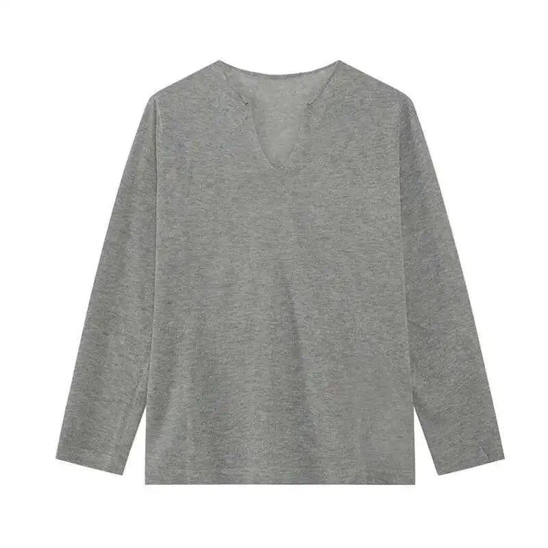 Schlankes, langärmliges V-Neck T-Shirt im koreanischen Stil