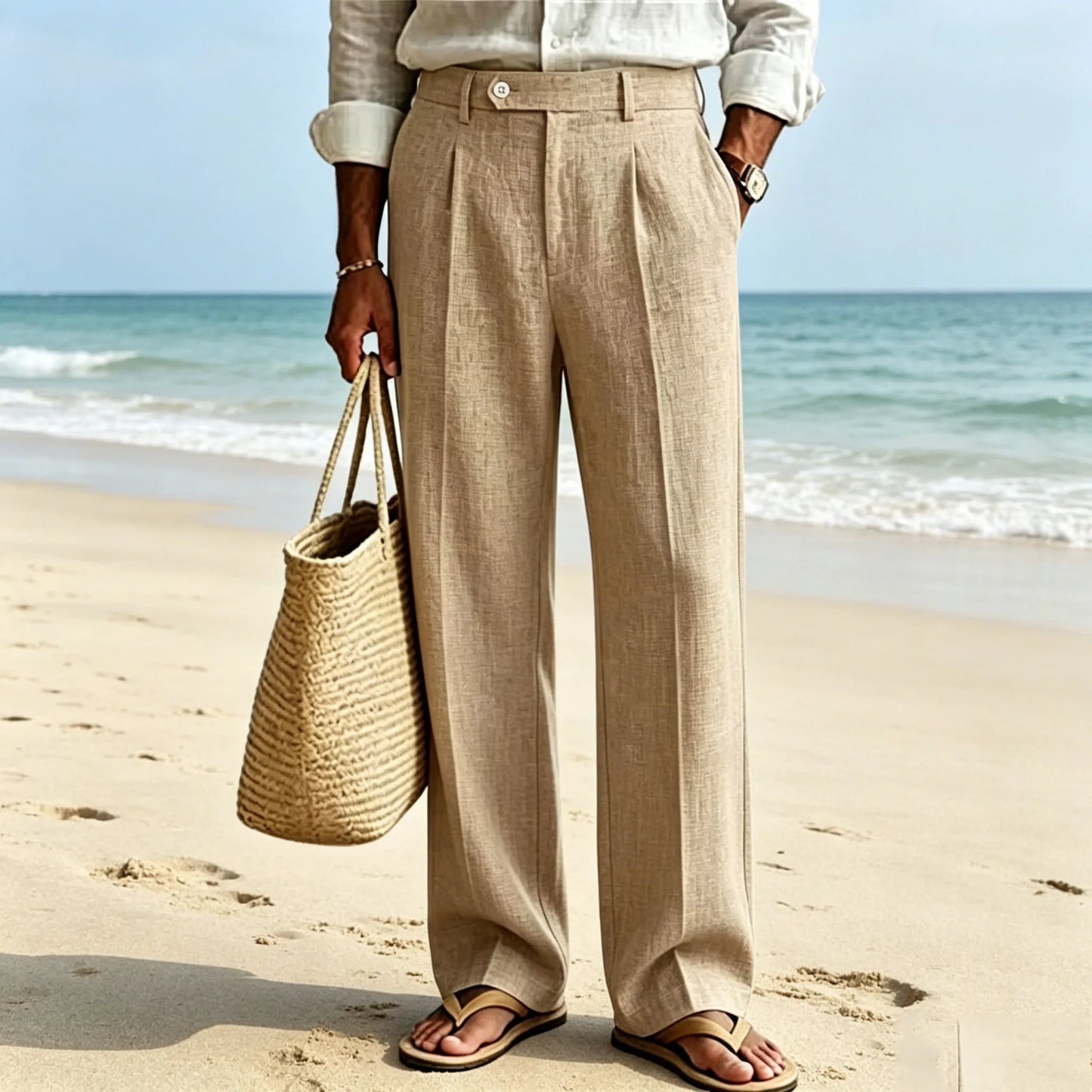 Linen Beige Straight Leg Pants