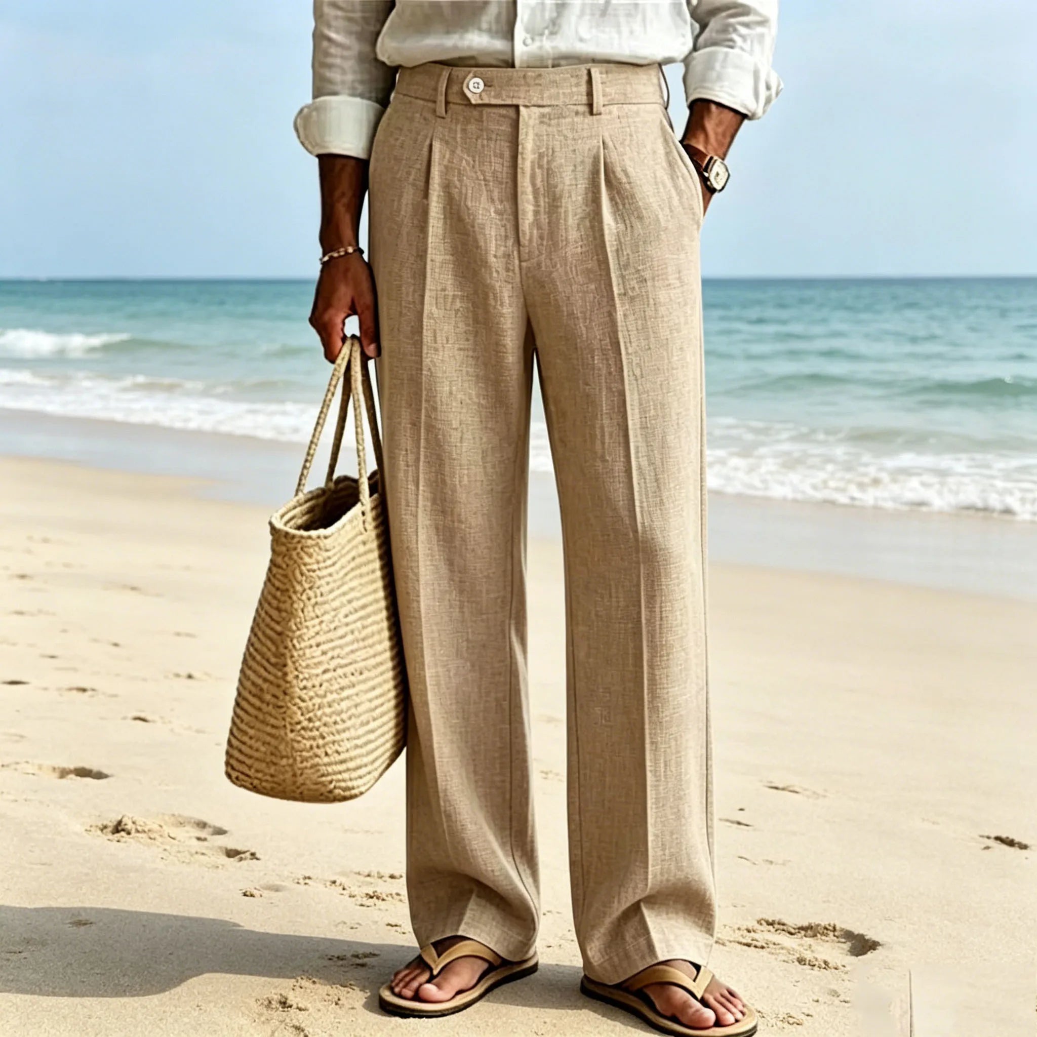 Linen Beige Straight Leg Pants