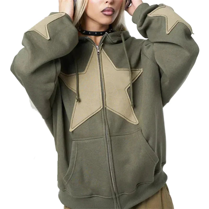 Star Patchwork Zip-Up Graphic Hoodie Shirt