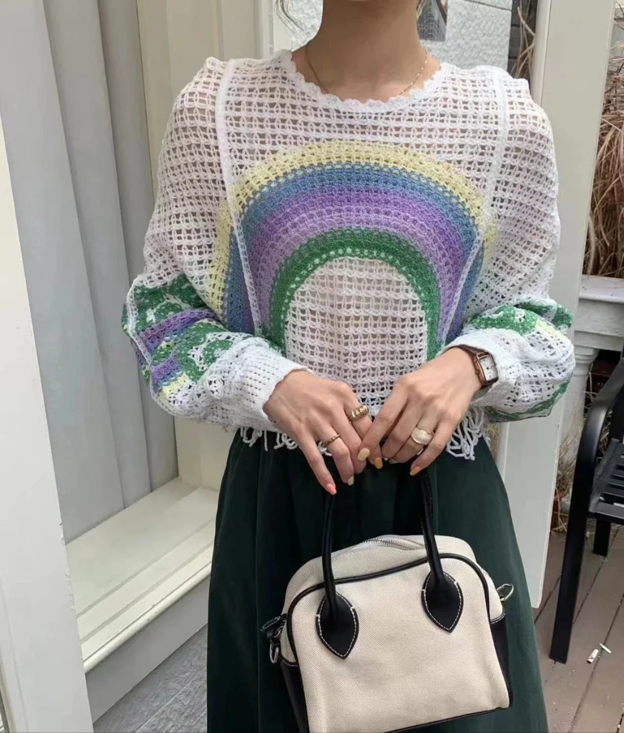 Handmade Knitted Embroidery Rainbow Crochet Top