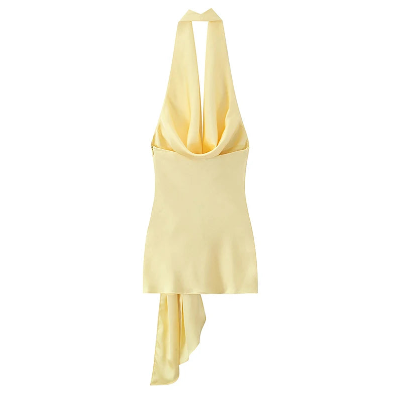 Backless Yellow Satin Mini Dress