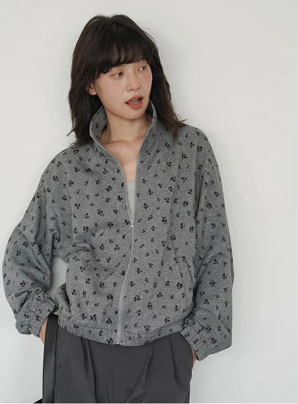 Graues Sweatshirt mit Blumenmuster und Reißverschluss