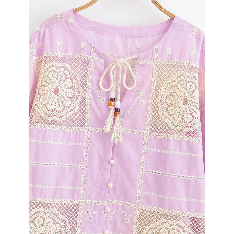 Vintage Embroidery Pink Blouse