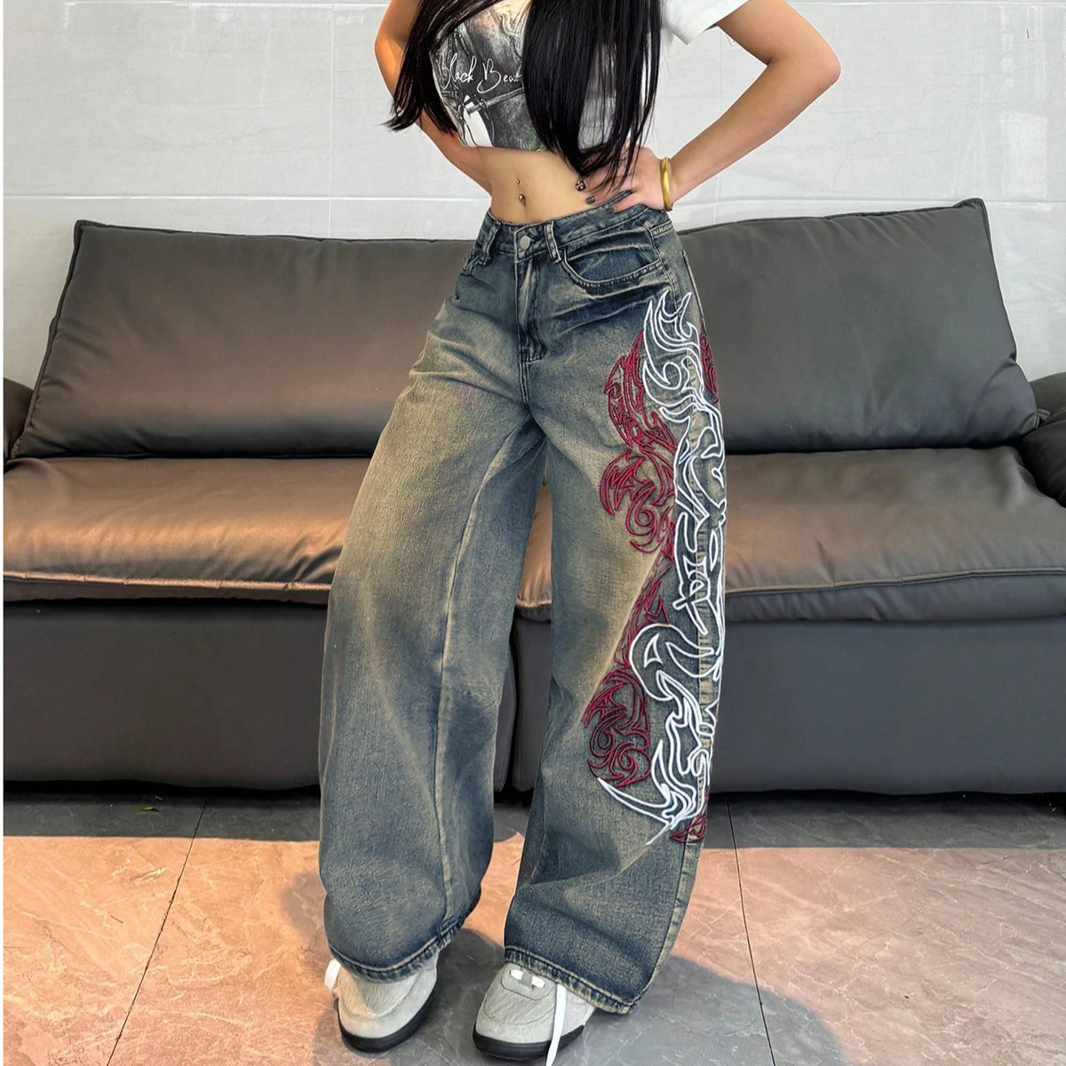 Y2K Spiral Washed Baggy Jeans